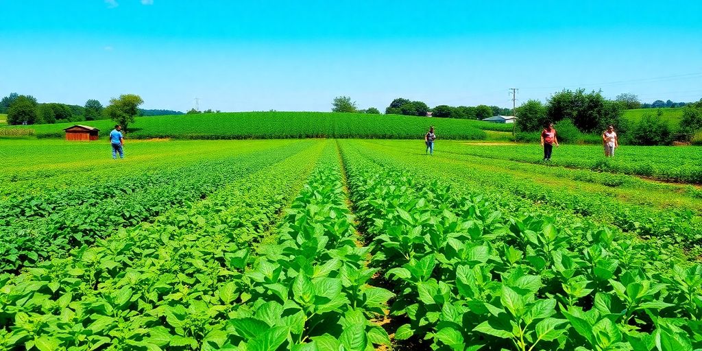 Ferma ecologică cu câmpuri verzi și agricultori.