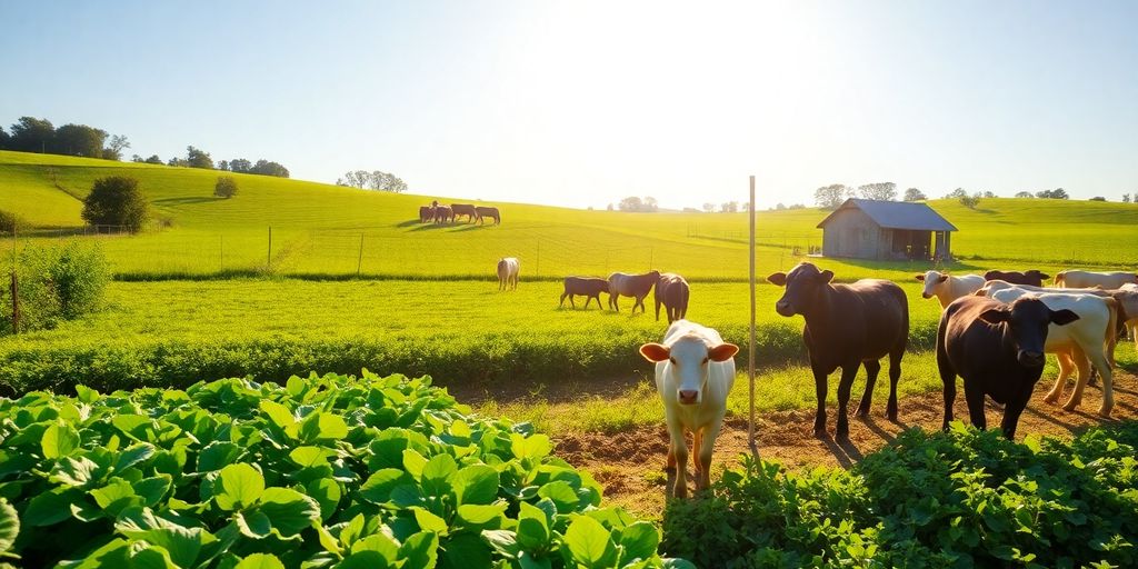 Ferma ecologică cu câmpuri verzi și animale sănătoase.