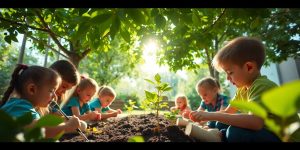 Elevi în clasă, plantând copaci și învățând despre natură.