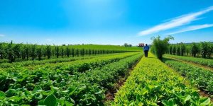 Peisaj agricol ecologic cu culturi diverse si fermieri.