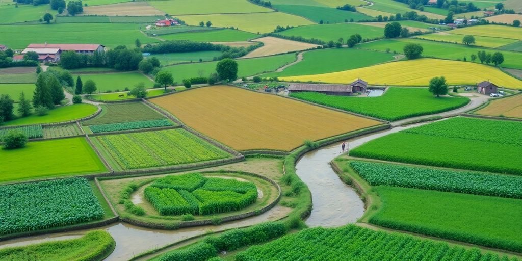 Peisaj agricol permacultural în România cu câmpuri verzi.