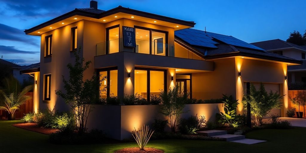 Iluminat solar pe o casa moderna la apus.