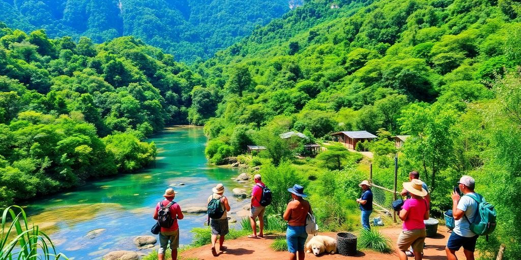 Peisaj natural cu turiști ecologici și natură vibrantă.