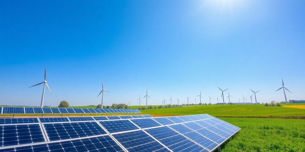 Peisaj cu panouri solare și turbine eoliene, România.