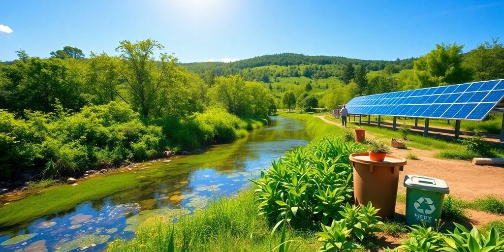 Peisaj ecologic cu apă curată și plante verzi.