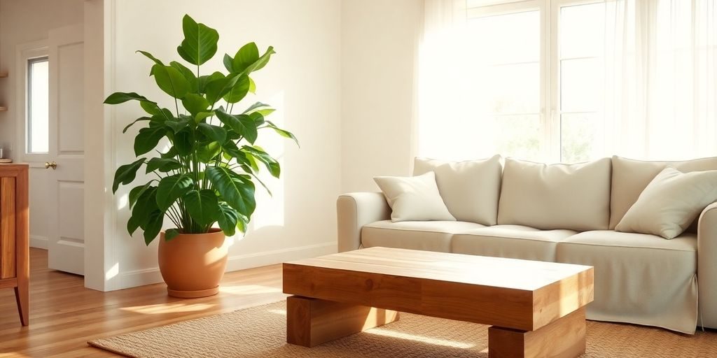 Mobilier lemn masiv, plante verzi