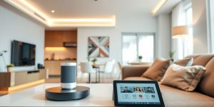 Dispozitive smart home într-un living modern, luminos.