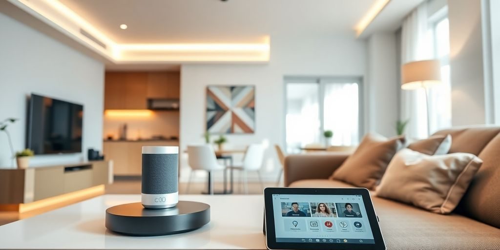 Dispozitive smart home într-un living modern, luminos.