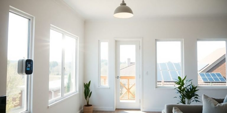 Cameră luminoasă cu termostat smart, ferestre eficiente și panouri solare