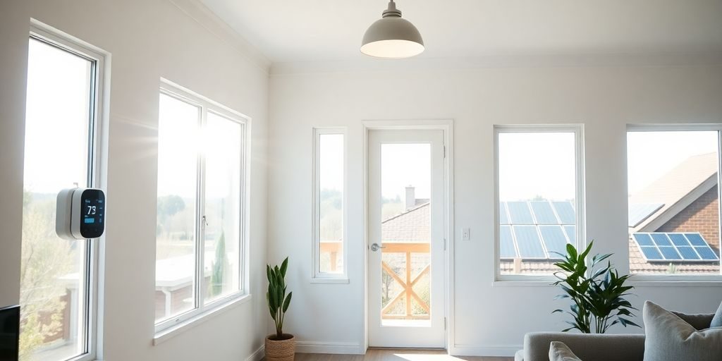 Cameră luminoasă cu termostat smart, ferestre eficiente și panouri solare