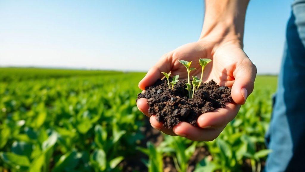 Câmp verde cu plante tinere și mâini ținând pământ.