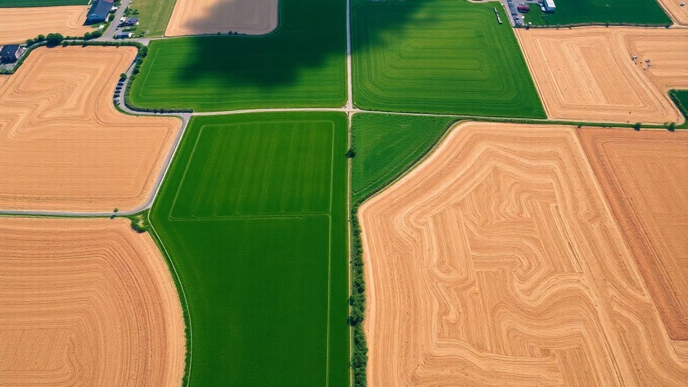 Teren arabil verde lângă teren neproductiv uscat, din avion.
